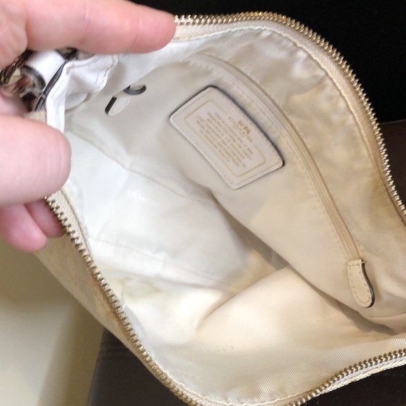 COACH Ivory Neutral C Logo Fabric Top Handle Top Zipper Leather Trim Bag - Picture 13 of 15